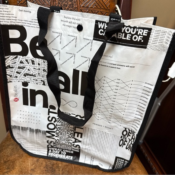 Lululemon Reusable Big Shopping Tote Bag White Black 14x16x6” Snap Closure - Picture 1 of 6